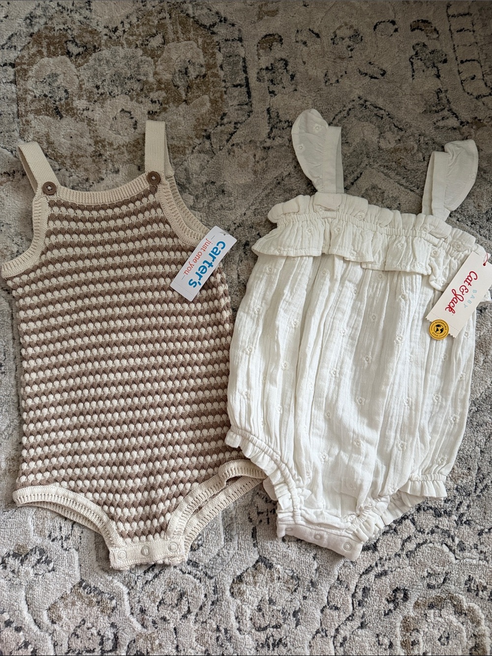 Carter's Cream and Tan Knit & Gauze Romper Set